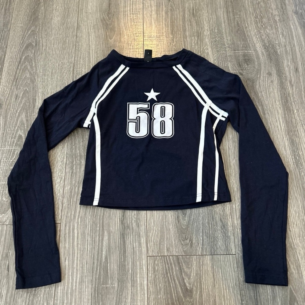 Navy Long Sleeve Crop Top with 58 Graphic